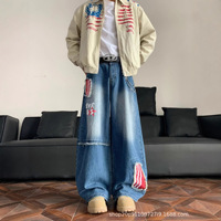 Jean unisexe streetwear coupe ample et large, coupe mi-longue, style rétro américain, avec patch brodé et motif écossais, coupe-vent et écoresponsable, pour le marché transfrontalier