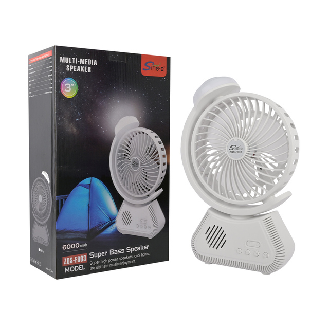 Sing-e ZQS F803 Mini Wireless FM TF BT Speaker Multifunctional Desktop Fan Mute Portable US Rechargeable DC Direct China