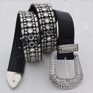 Rhinestone Inlaid Unisex Leather Belt Shiny Crystal Diamond Studded Western Cowboy Designer Belt