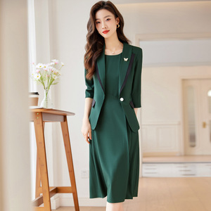 Women's Green Suit Set Three Quarter Sleeve Mid Length Satin Office Lady Business Commute Anti Wrinkle Two Piece Dress With - Product Image 1