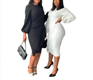 Vestidos plisados de color sólido con cuello redondo y mangas farol para mujer, a la moda - Product Image 6