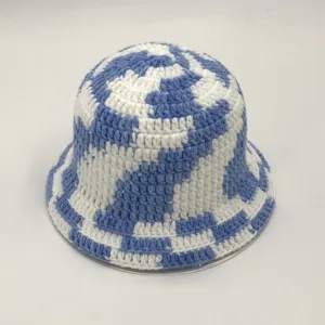Benutzer definierte bunte Damen handgemachte Häkel Fischer Mütze Hut Unregelmäßige klobige karierte gestrickte Häkel Eimer Hut