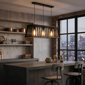 Suspension industrielle trapézoïdale noire en métal à 3 lumières pour îlot de cuisine - Product Image 6