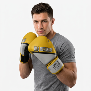 Gants de boxe Haq Meharban en cuir, à doigts entiers, fermeture Velcro, logo personnalisé, jaune et gris, équipement de boxe pour hommes - Product Image 1
