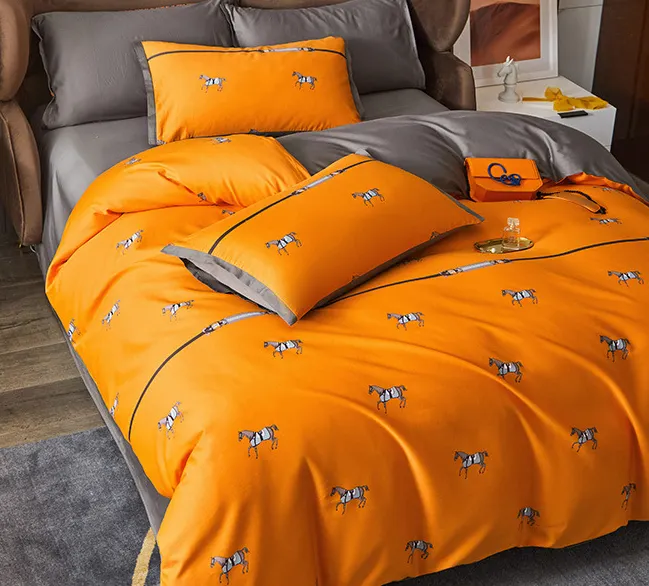 Good Quality New Design Orange Long Staple Cotton Animal Print King Size Sheet Sets Bedding