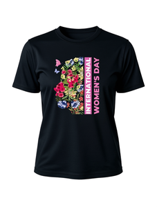 T-shirt per la Giornata internazionale della donna, per donna, con stampa floreale nera, manica corta, girocollo, top casual in jersey elasticizzato e traspirante - Product Image 1