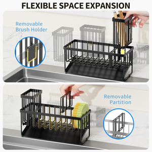ที่เก็บของในครัวแบบติดตั้งใต้ซิงค์ พร้อมที่วางแปรงและฟองน้ำ วัสดุสแตนเลส 304 ป้องกันสนิม ชั้นวางของสำหรับจัดระเบียบบนเคาน์เตอร์ครัว - Product Image 3