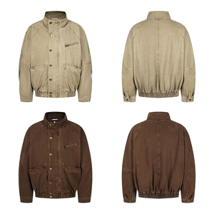 American Retro Stand-Collar Bomber Jacket Zipper <b>Button</b> Front Removable Liner Unisex Style Autumn Winter Washed Vintage Cotton - Product Image 1