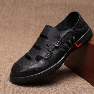 Men's Genuine Leather <b>Slip</b>-On Open Toe Breathable Casual Summer Sandals Rubber Outsole Solid Pattern Rubber Printing Logo - Product Image 1
