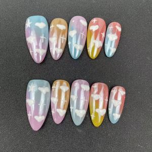 <span class=keywords><strong>Uñas</strong></span> Postizas Hechas a Mano de Alta Calidad, Venta al Por Mayor de Fábrica, Diseño de <span class=keywords><strong>Cielo</strong></span> <span class=keywords><strong>Azul</strong></span> y Nubes Blancas en Forma de Almendra, Reutilizables, Éxito de Ventas de Verano - Product Image 4