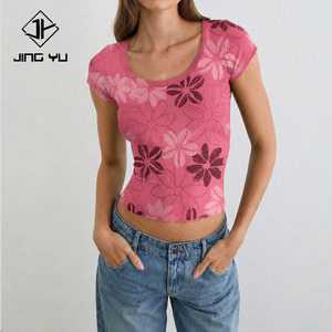 Nueva Camiseta de Verano con Estampado Playero, Cuello Redondo y Manga Corta, Camisetas de Rayón Acanalado Personalizadas para Mujer - Product Image 2