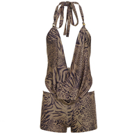 Conjunto de Dos Piezas Tejido con Estampado de Leopardo, Sexy y Casual para Mujer, Top Corto sin Mangas con Escote en V Profundo y Espalda Descubierta con Lazos, Cinturón a la Rodilla, Transpirable