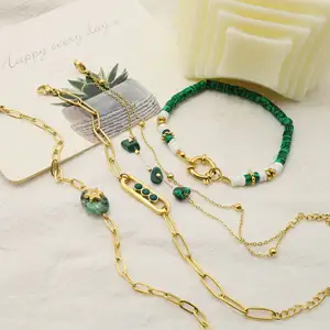 Wholesale Malachite Gem Crystals Natural Stone Bracelet Stainless Steel Chain With Natural Stone Beads Bracelet Bangle for Women