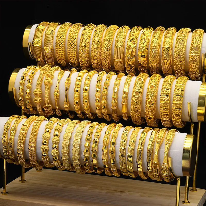 Dubai Sieraden Indian 24K Gouden Armbanden Voor Vrouwen Bruid Armband Holle Gesneden Ontwerp Gouden Kleur Armbandjes Groothandel
