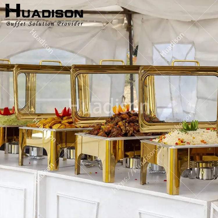 Huadison 체catering 장비 chafing 접시 뷔페 세트 스테인레스 스틸 럭셔리 골드 chafing 접시 호텔 레스토랑