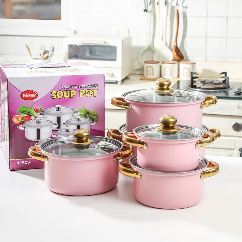 Set di pentole di vendita diretta in fabbrica di alta qualità Juego De Ollas De Cocina rosa pentole da cucina 10 pezzi set di pentole in ghisa