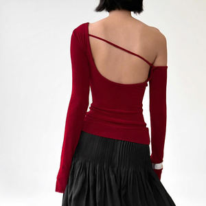 T-shirt élégant à une épaule sans col à manches longues Slim Fit en nylon Impression numérique - Casual Sexy Couleur unie pour femmes - Product Image 4