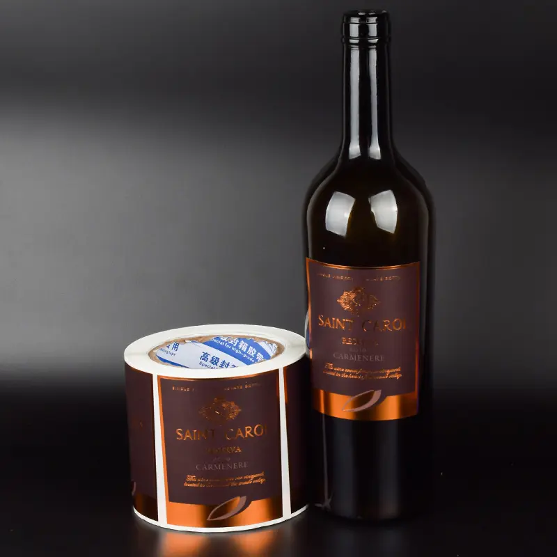 Prezzo di fabbrica rotolo barattoli per alimenti lattine bottiglia di vino personalizzata a prova di olio vinile plastica stampa etichetta di imballaggio etichette all'ingrosso adesivo