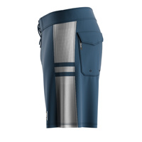 Shorts de plage personnalisés pour hommes, rayures blanches marine, poche arrière à rabat avec œillet métallique, côtés en maille, doux
