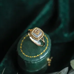 Natuurlijke Edelsteen Chalcedoon Ring Voor Vrouwen Vintage Luxe Paleis Gesneden Patroon 925 Sterling Zilver Goud Vermeil Sieraden