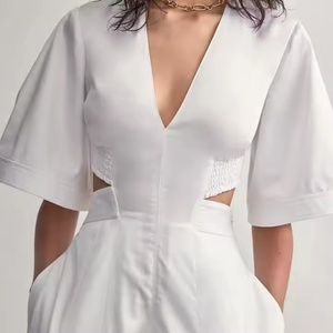 ชุดเดรสออกแบบใหม่สำหรับฤดูใบไม้ร่วงสำหรับผู้หญิง สไตล์ลำลองหลวมๆ เรียบร้อย ชุดเดรสผู้หญิงคอวีลึก คุณภาพสูง แขนสั้น ความยาวปานกลาง ผ้าลินิน - Product Image 5