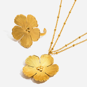 Floral Stainless Steel Necklace And <b>Ring</b> <b>Set</b> For <b>Women</b> Gift Jewelry - Product Image 1