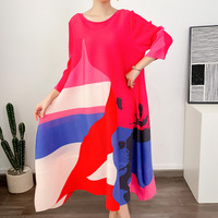 Robe plissée décontractée pour femme, style Miyake, imprimé artistique abstrait, manches 3/4, coupe trapèze, très extensible, vente en gros