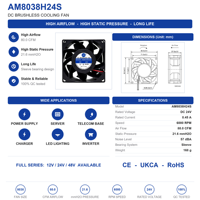 Ventilateur axial AM8038H24S 80x80x38mm 8038 12V 24V à roulement à manchon, faible bruit, haute vitesse, pour refroidissement