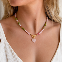 Collar de Cuentas de Ágata Amarilla de Verano, Hecho a Mano, de Primera Calidad, con Dije de Corazón Rojo, Joyería Antideslustre