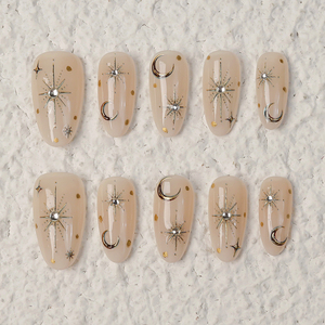 <span class=keywords><strong>Faux</strong></span> ongles à presser personnalisés en acrylique, motif étoile et lune, faits main, style bohème, forme amande, réutilisables, à coller sur les doigts - Product Image 4