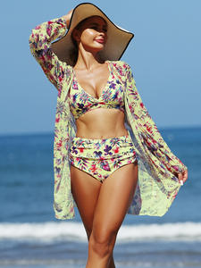 RUIQUWIN Ensemble de bikini 3 pièces personnalisable pour femme grande taille, taille haute, effet push-up, avec logo floral en maille sur le devant, maillot de bain écologique - Product Image 4