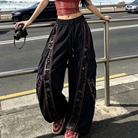 Pantalon décontracté F117/FANMAJIALIE tendance taille haute avec cordon de serrage, coupe ample, imprimé lettres noires et rayures néon, pour le quotidien et la mode urbaine