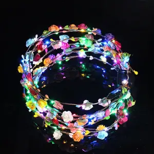 Nova festa menina flor brilho cabeça guirlanda colorido brilho led glitter brilho cabelos em rattan