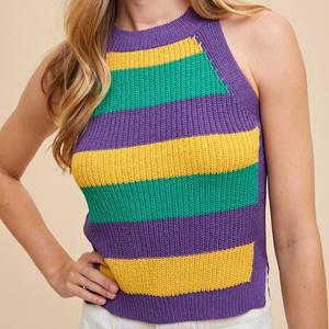 Tùy Chỉnh Bán Buôn Mardi Gras Của Phụ Nữ Mùa Hè Sọc Halter Cổ Áo Len Đan <span class=keywords><strong>Tank</strong></span> Top Nhà Sản Xuất - Product Image 1