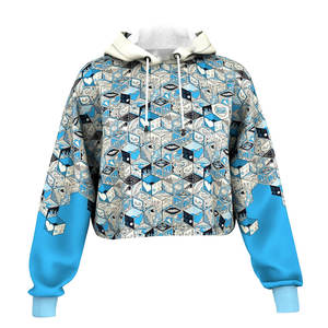 Sudadera con capucha corta para mujer de diseño abstracto en azul púrpura 280 GSM tela de poliéster de algodón nuevo con cuello con capucha - Product Image 1