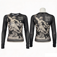 T-shirt à manches longues en maille pour homme, imprimé vintage, coupe ajustée, maille extensible transparente, haut streetwear, impression personnalisée