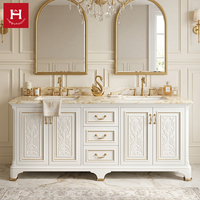 Meuble-lavabo double de luxe Happy Houses, style européen classique, en bois massif sculpté, avec dessus en marbre et incrustations dorées, idéal pour projets de villas