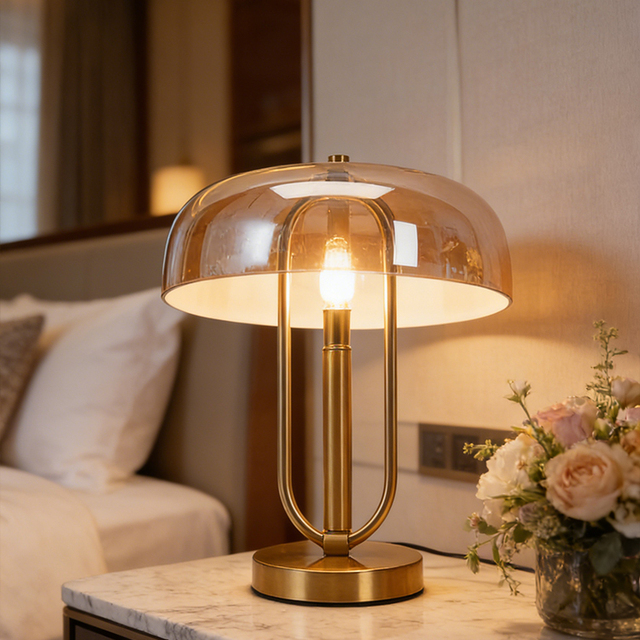 Modern Luxury Amber Glass Dome Table Lamp Brushed Brass Metal Base Nordic Bedside Desk Light