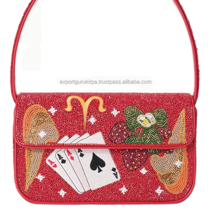 Sac bandoulière rouge perlé avec rabat brodé, motif cartes de jeu du zodiaque, pour soirée - Product Image 1