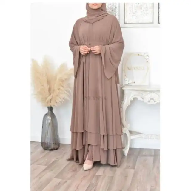 Vestido muçulmano feminino modesto e elegante de chiffon de duas camadas, vestido islâmico aberto Dubai Abaya, moda feminina por atacado