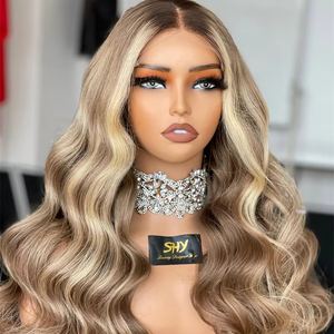 SHY Hair Nuova Collezione Parrucca 100% <span class=keywords><strong>Capelli</strong></span> Vergini con Pizzo HD <span class=keywords><strong>Biondo</strong></span> Dorato con Riflessi Nodo Singolo per Donne Bianche Senza Colla - Product Image 1