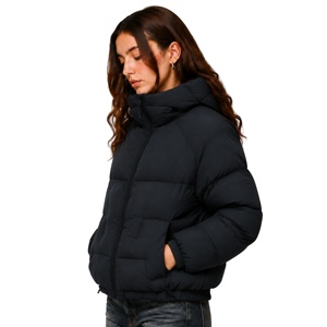 <span class=keywords><strong>Chaqueta</strong></span> Corta Acolchada de Plumón para Mujer, con Cuello Alto y Capucha Fija, Negra, Cortavientos, Cálida, para Invierno - Product Image 2