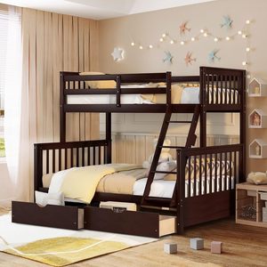 New Style Wooden Bunk <strong>Beds</strong> Convertible Espresso Color Twin Over Full Bunk <strong>Bed</strong> <strong>with</strong> 2 Storage Drawers - Product Image 1