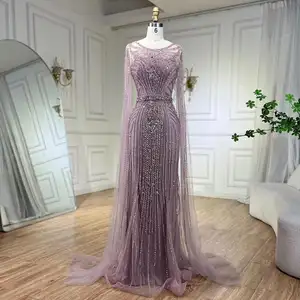 Taupe Cape Sleeves O Neck Beaded Evening Dresses Serene Hill LA70638 Mermaid Party Wear Gowns For Women