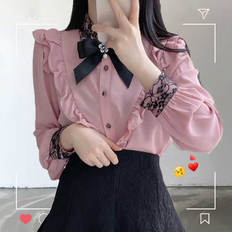 WPYYI Blouse Top Ruffle Bow Long Sleeve Chiffon Shirt Workwear Office (Colo Women\u0027s Bow Tie Front Frilly Ruffle Solid Chiffon Blouse Long