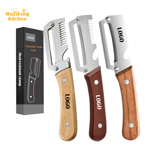 Couteau à éplucher les fruits 3 en 1 en acier inoxydable, couteau à éplucher les légumes avec manche en bois, éplucheur de carottes et d'oignons, ouvre-bouteille - Product Image 1