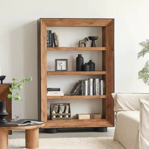 Étagère à livres en bois de pin recyclé, finition naturelle et noire, bibliothèque rustique pour salon, chambre et bureau à domicile - Product Image 1