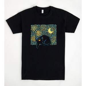 T-shirt Starry Sailor Cat noir à imprimé artistique, taille adulte unisexe - Product Image 1