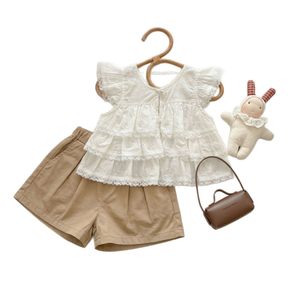 Girls Summer Cotton Two Piece Set White Top With Lace Beige Shorts Solid Color Thin Fabric Kids Outfit For Toddlers - Product Image 4