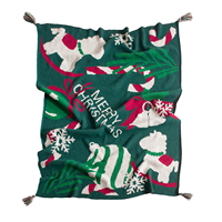 Couverture de canapé jacquard verte en tricot pour Noël, motif flocon de neige et pompons, vente en gros
